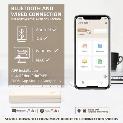 Wireless Printer, Portable Thermal Inkless Printer Compatible with Android Ios Phones & Laptops, Beige