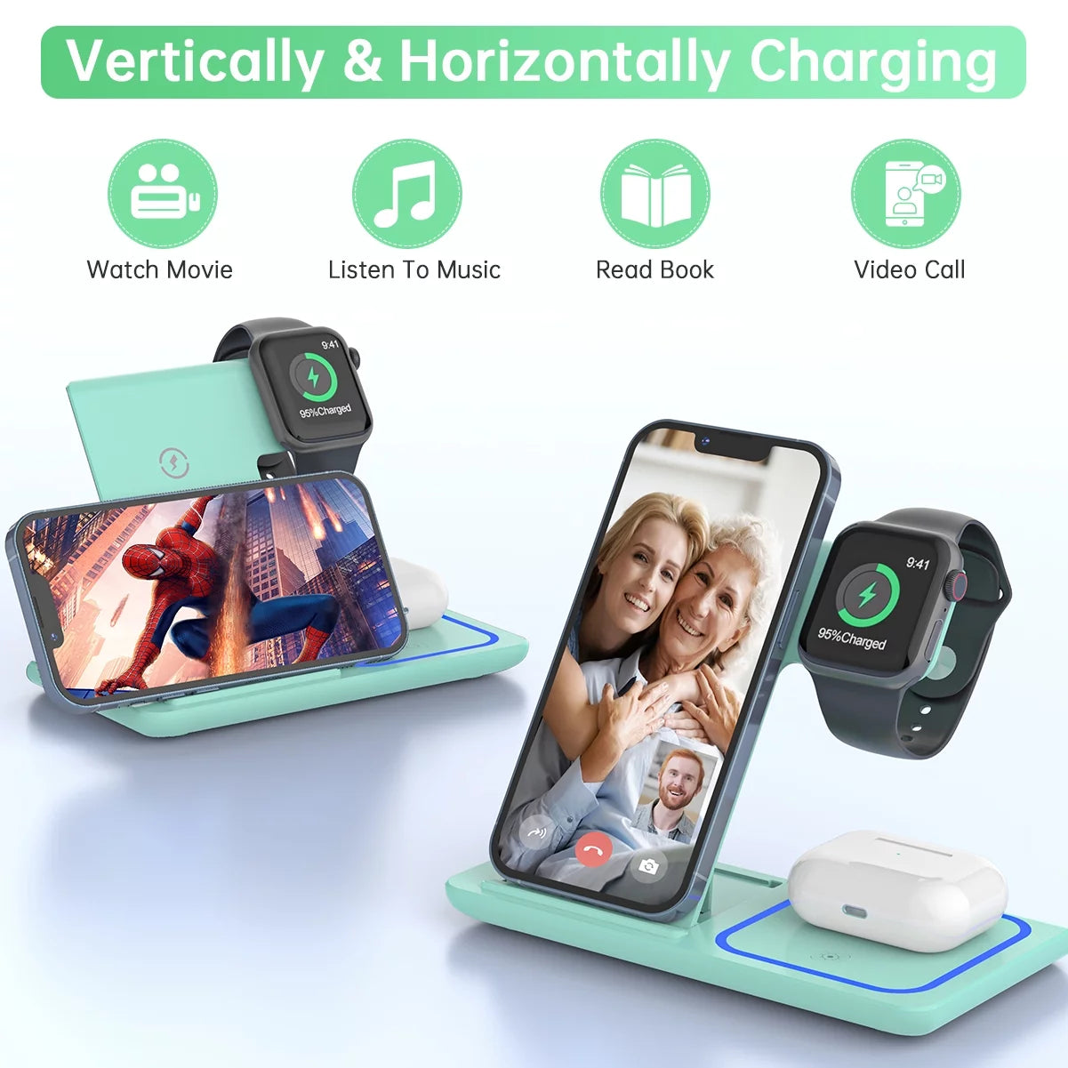 2024 Upgraded Wireless Charging Station, 18W 3 in 1 Charger Station, Fast Charging Dock Stand for Iwatch Series 10/9/8/7/6/SE/5/4/3/2, Compatible with Iphone 16 15 14 13 12 11 Pro/Xs/Samsung & Airpod