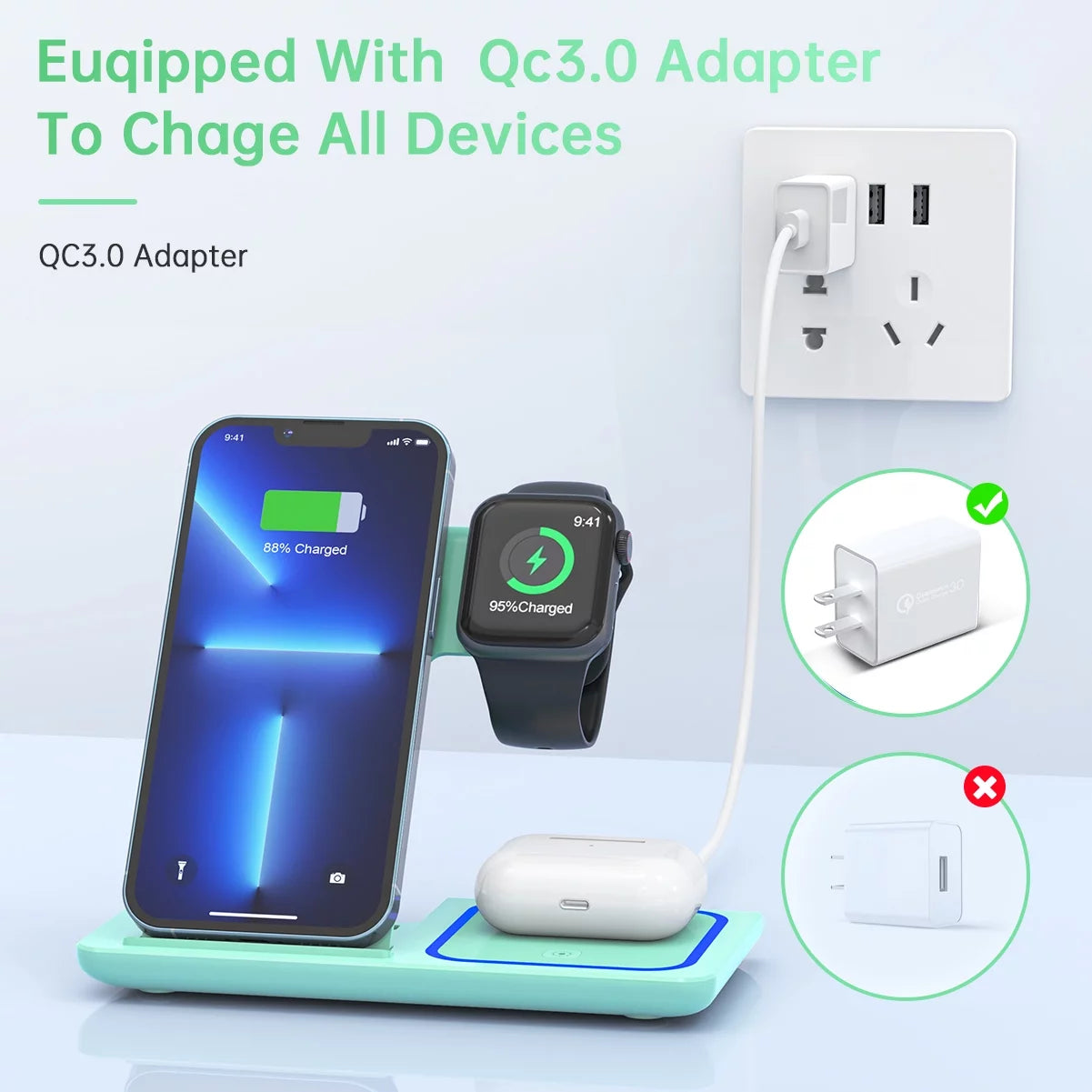 2024 Upgraded Wireless Charging Station, 18W 3 in 1 Charger Station, Fast Charging Dock Stand for Iwatch Series 10/9/8/7/6/SE/5/4/3/2, Compatible with Iphone 16 15 14 13 12 11 Pro/Xs/Samsung & Airpod