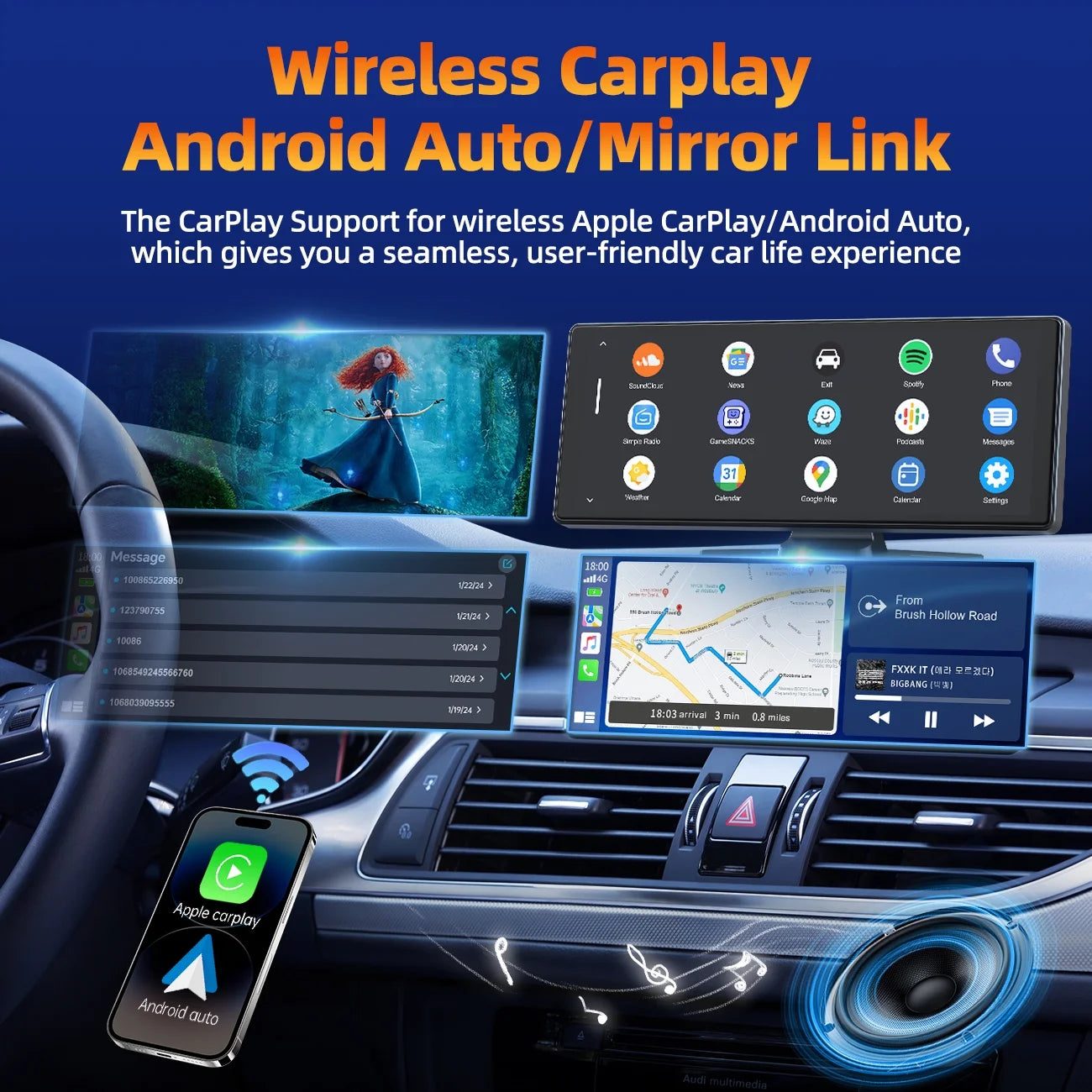 9.26" Touchscreen Wireless Car Stereo Car Radio Receiver GPS Navigation Audio with Apple Carplay Android Auto Support Backup Camera Airplay